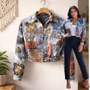 🛍️ LORRAINE WARDY Opal Vintage Blue Leaf Button Up Crop country Jacket Sm